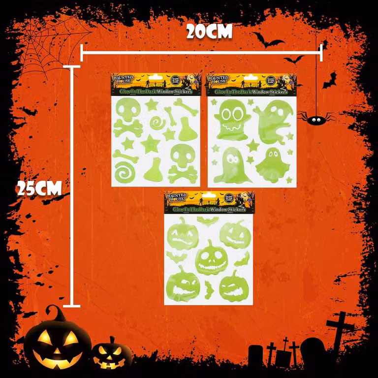 VFM e-Store Halloween Glow in the Dark Gel Stickers, 3 Pack of Ghosts, Bones and Pumpkins in Green