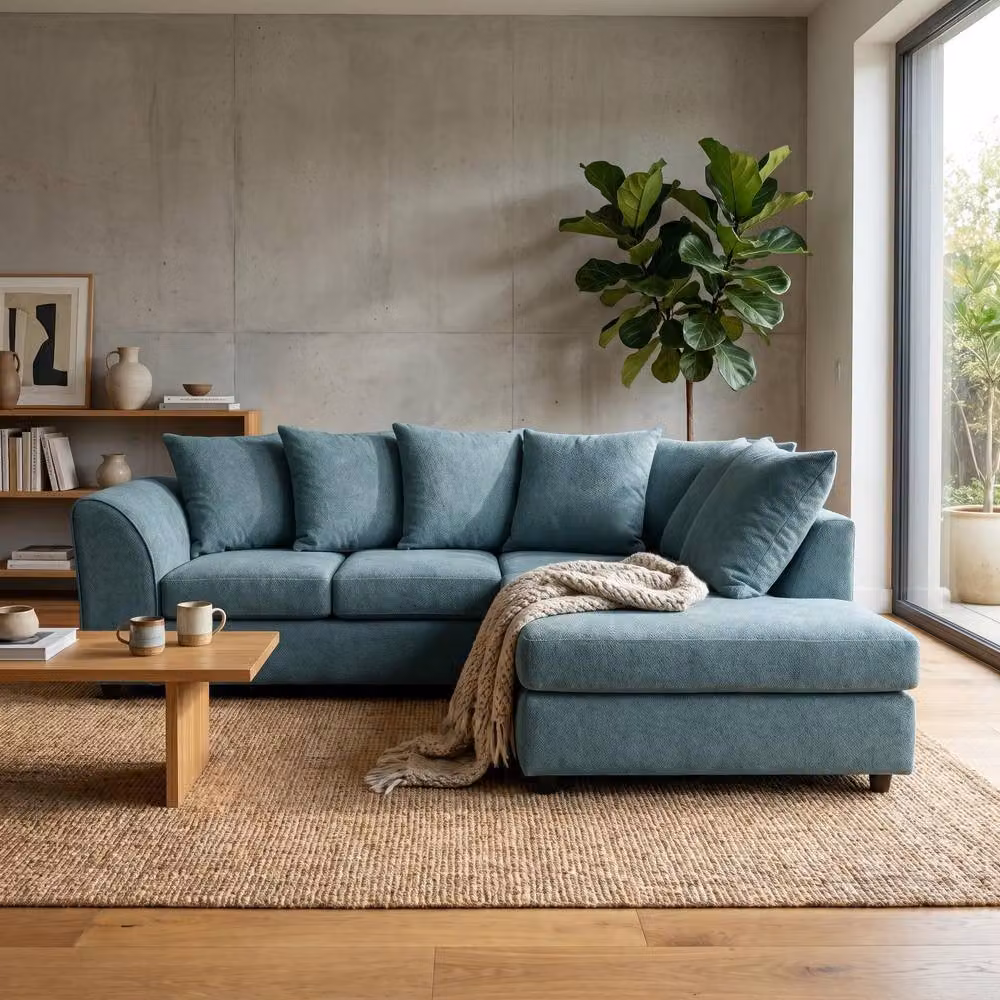 Abakus Direct Harriet Boucle Right Facing Corner Sofa with Chaise and Scatter Cushions in Petrol Teal – 2