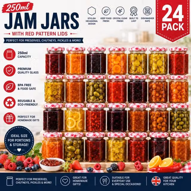 Volila 24 Pack Hexagonal Clear Glass Jam Jars with Screw Lids, 250ml – 1