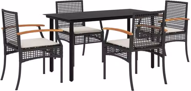 Berkfield Home 5 Piece Black Poly Rattan Garden Dining Set with Cushions