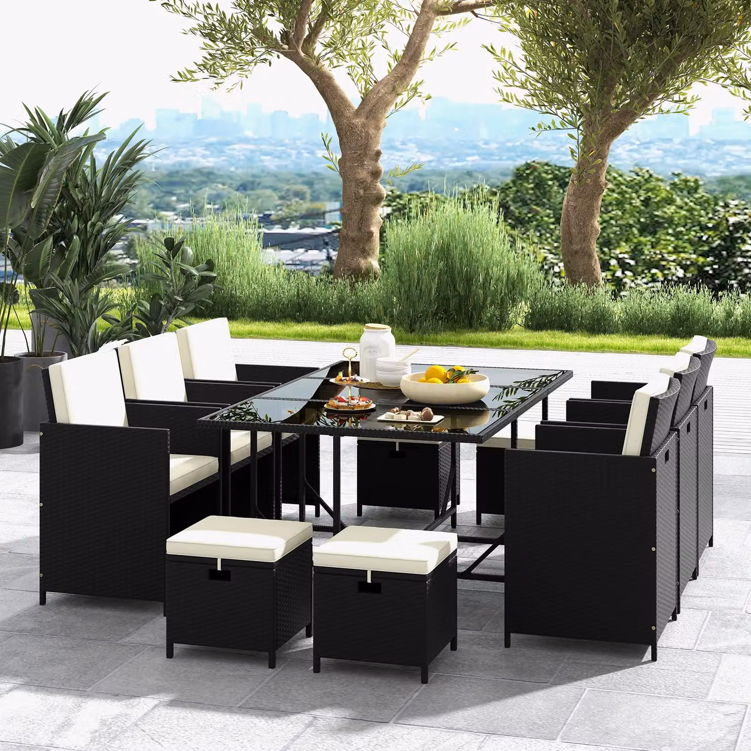 Gymax 11 Piece White Polyrattan Wicker Dining Set with Tempered Glass Table, Chairs and Ottomans – 3