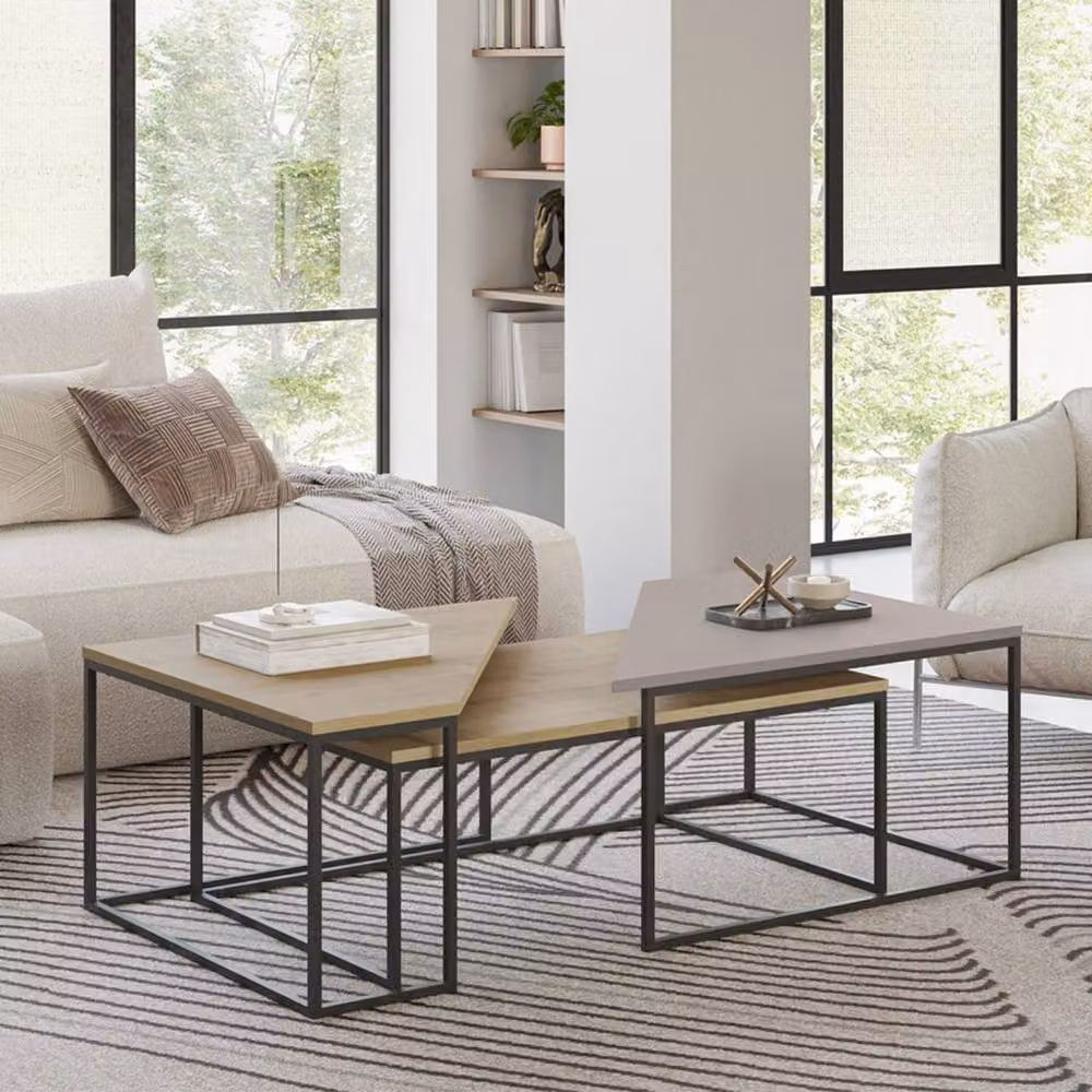 CALICOSY TITAN Set of 3 Modern Oak Coffee Tables with Black Metal Legs – 2