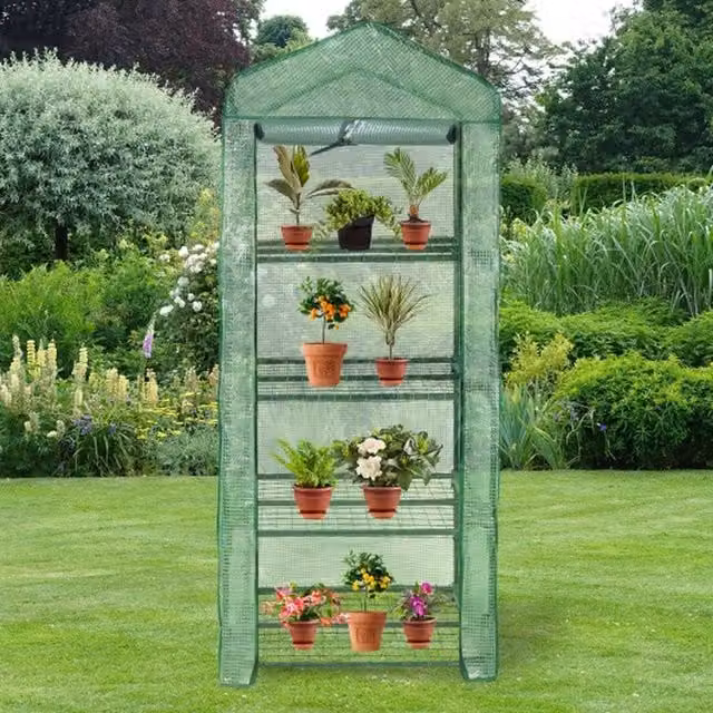 Monstershop 4 Tier Greenhouse with PE Cover and Rollers in Green