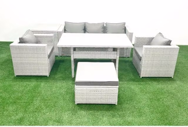 Fimous 6-Seater Rattan Garden Dining Set with Sofa and Footstool in Light Grey Mixed