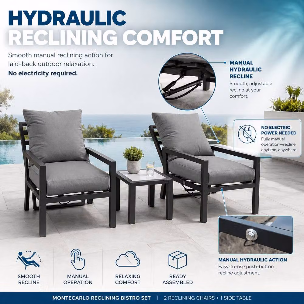 Shatchi Monte Carlo 2 Seater Reclining Bistro Set with Cushions in Grey – 4