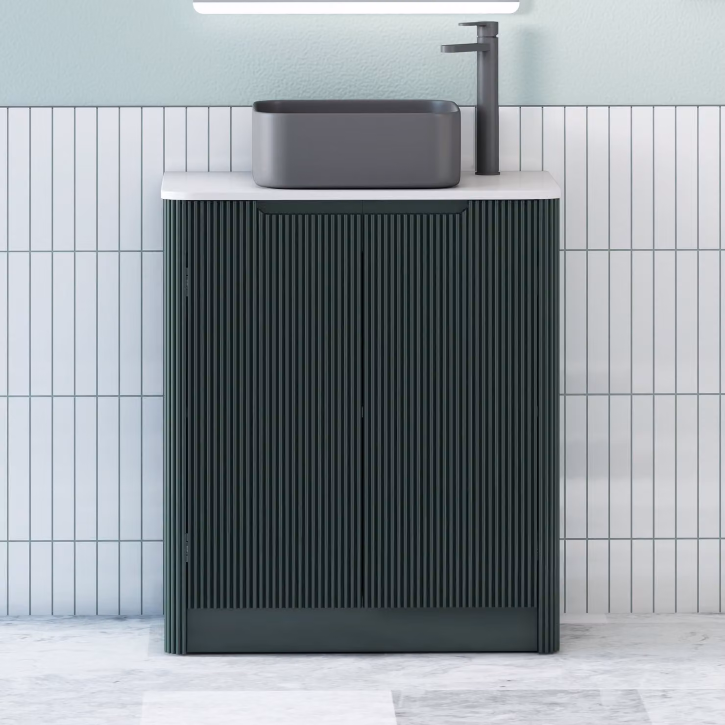 Royal Bathrooms Avenza Floor Standing 2 Door Vanity Unit in Moss Green with Plain White Worktop and Art Square Basin
