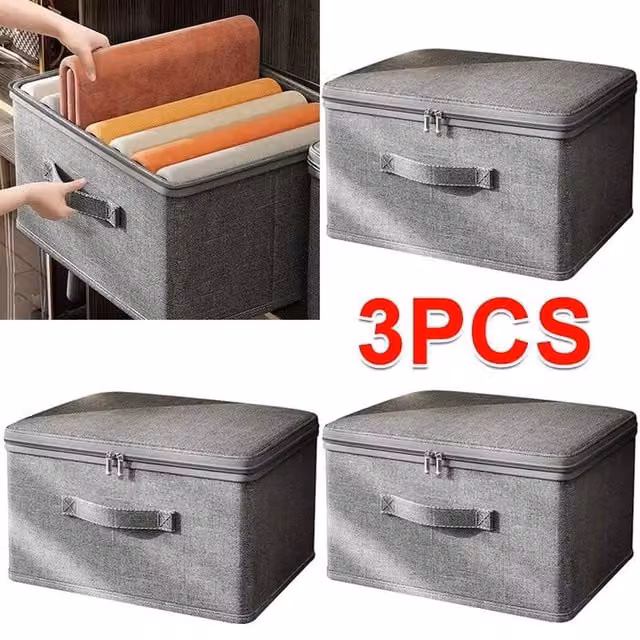 FORGEVIO Set of 3 Large Foldable Fabric Canvas Storage Boxes in Grey
