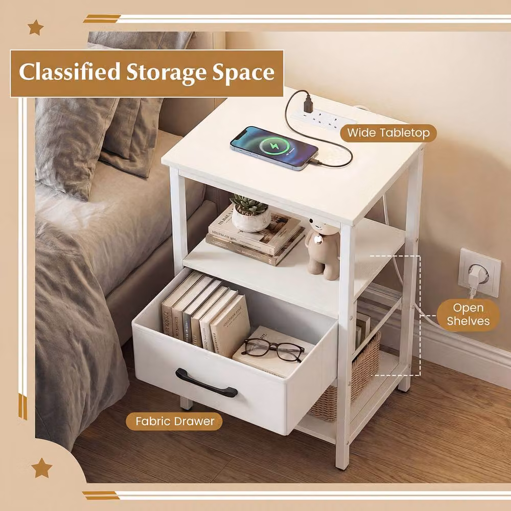 Costway Modern White Side Table with Drawer and Shelves – 2