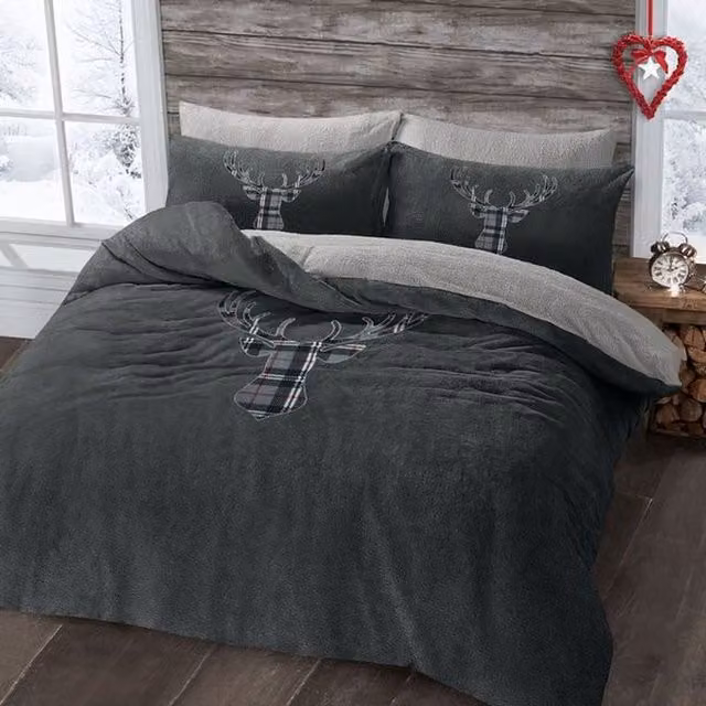VELOSSO Stag Head Charcoal Teddy Soft Cosy Fleece Duvet Set, Grey/Anthracite, W: 140 cm, L: 200 cm