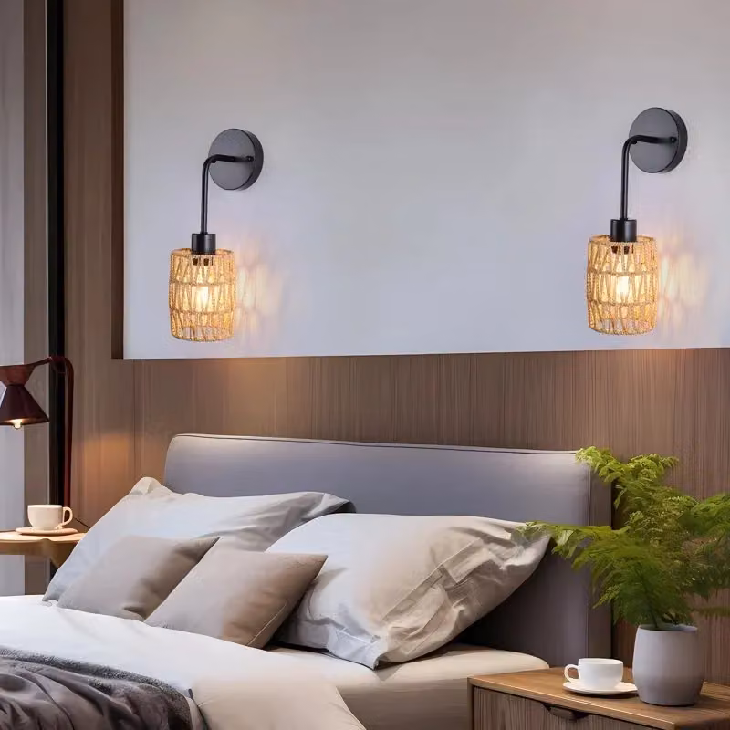 Garwarm Set of 2 Brown Farmhouse Rattan and Metal Dimmable Armed Wall Sconces – 5