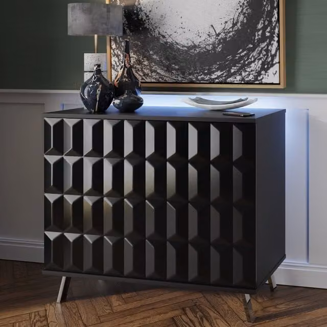 Frank Olsen Furniture Elevate Modern Black Glossy Small Sideboard with Integrated Lighting and Geometric Metal Details