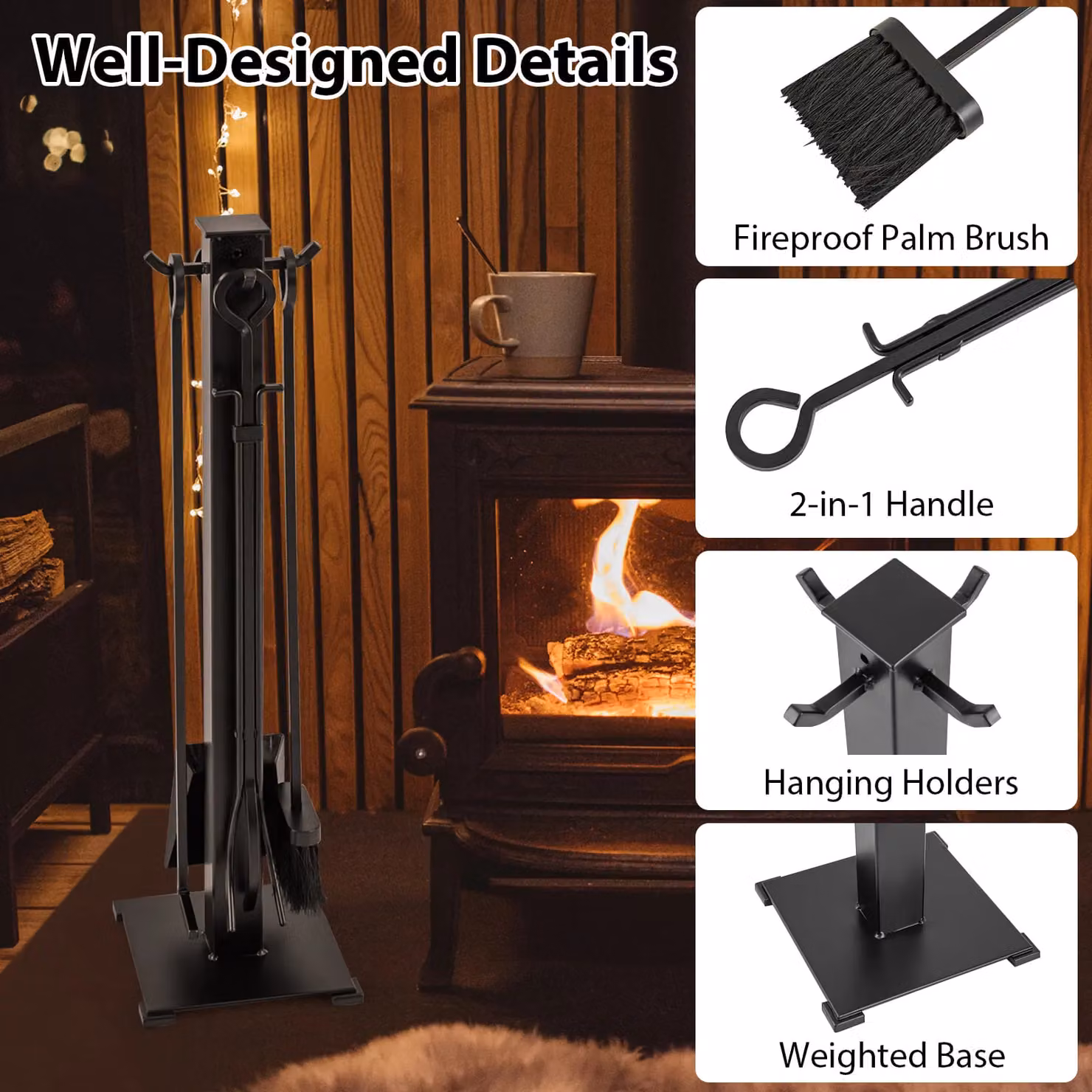 Costway 5 Piece Modern Metal Fireplace Tools Set in Black, Height: 81 cm – 2
