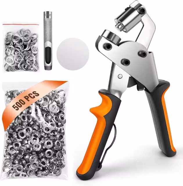VOGREX Eyelet Pliers Hole Punch Tool Kit with 500 Eyelets for Crafts, Orange Stainless Steel