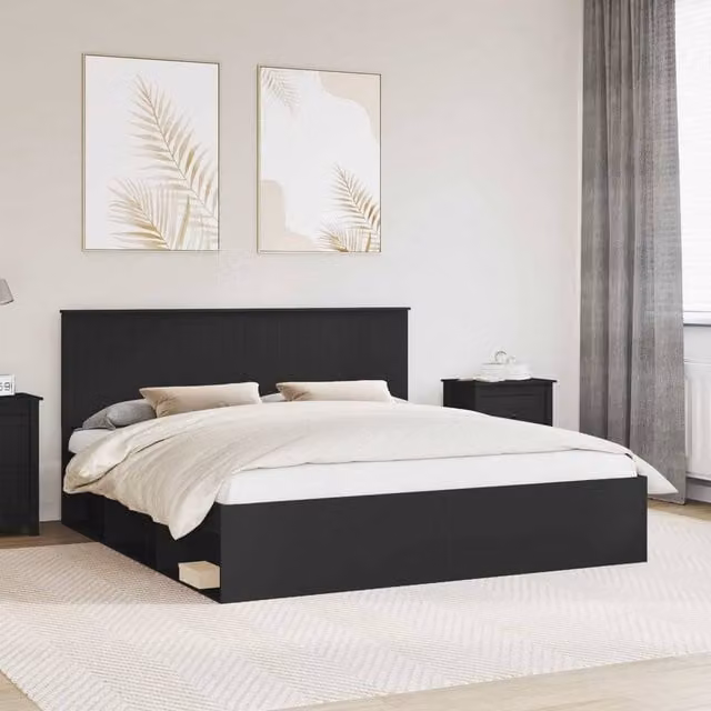 Berkfield Home Modern Bed Frame with Headboard and Bedside Shelf in Black Pine Wood, W/D/H: 180 x 200 cm