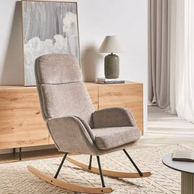 Wyld and Coco Taupe Fabric Rocking Chair with Rubberwood and Metal Frame in Beige – 1