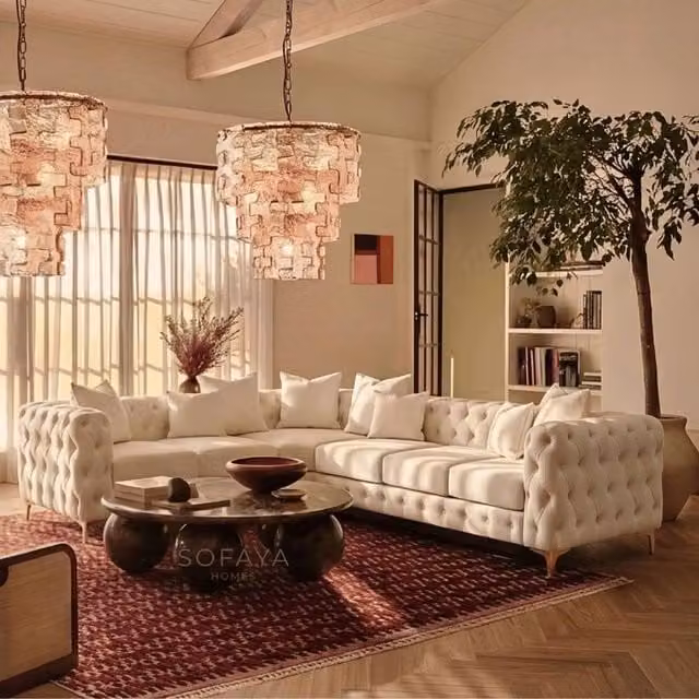 Sofaya Monaco Chesterfield 6 Seater L-Shape Corner Sofa in Beige Velvet with Left Hand Facing Chaise