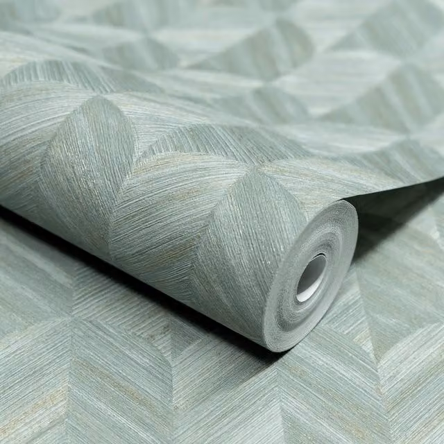 Grandeco Boutique Amber Art Deco Geo Embossed Wallpaper in Turquoise and Petrol