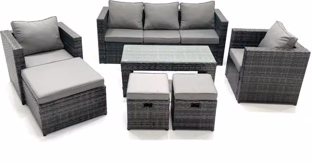 Fimous 8 Seater Rattan Garden Furniture Set in Dark Grey with Sofa, Coffee Table, 2 Armchairs and 3 Footstools – 1