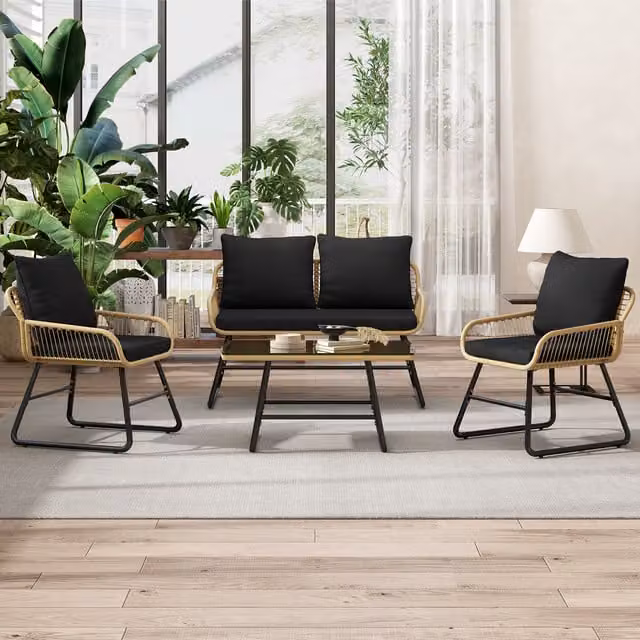 Yaheetech 4-Seater Wicker Patio Furniture Set in Black with Rattan, Metal and Glass Details