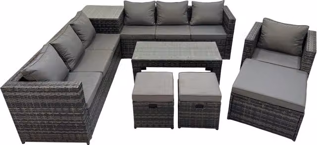 Fimous 10-Seater L-Shape Garden Rattan Corner Sofa Set with Ottoman and Tempered Glass Coffee Table, Dark Grey