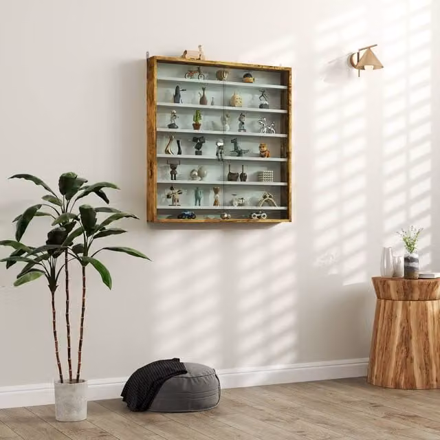 HOMCOM 7-Tier Wall Mounted Display Cabinet with Glass Doors and Adjustable Shelves in Brown