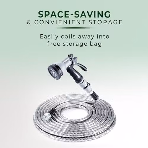 Coopers of Stortford Stainless Steel Garden Hose, 15m, Silver with 7-Pattern Spray Nozzle – 2