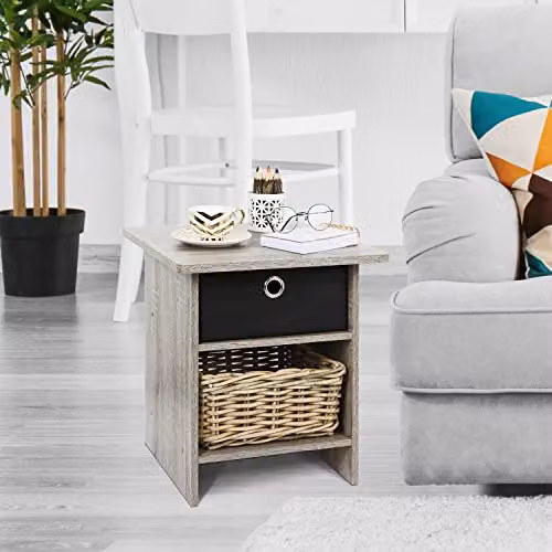 Furinno DARIO Square Side Table with Storage Bin and Open Back Shelf in French Oak – 2