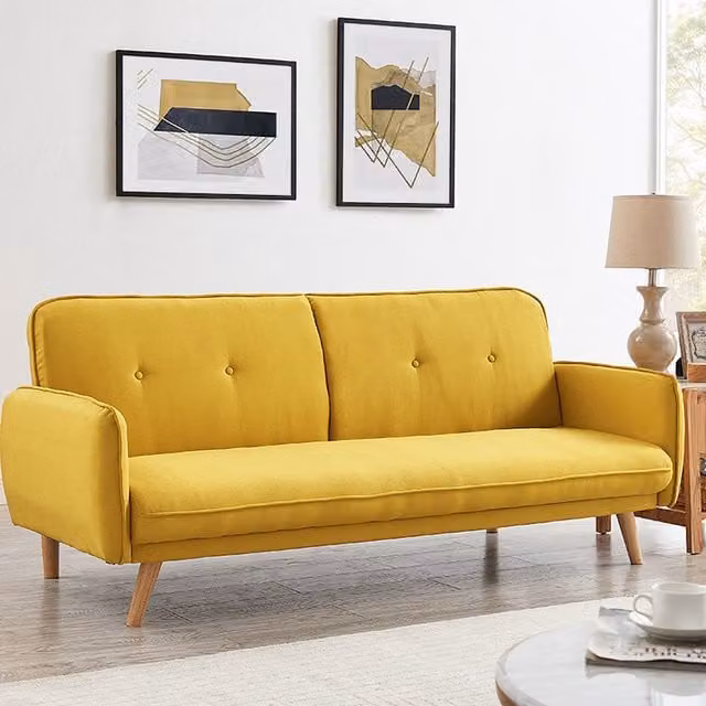 Bell 3 Seater Click Clack Sofa Bed in Mustard Fabric with Wooden Legs and Tufted Backrest W/D/H: 196 x 85 x 80 cm