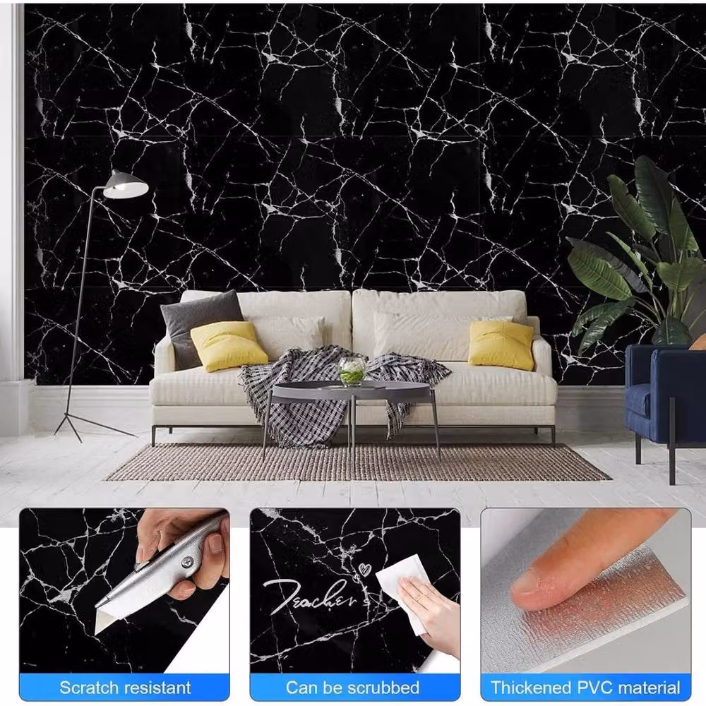 FLAVORA Black Marble PVC Self-Adhesive Wall Sticker Tiles – 2