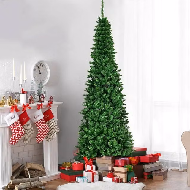 Shatchi Pre-Lit Artificial Slim Green Pencil Christmas Tree with Cool White LEDs and Metal Stand, 6ft