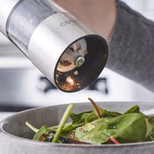 Cooks Professional Electric Salt and Pepper Mill Set with Bamboo Base in Silver Stainless Steel – 4