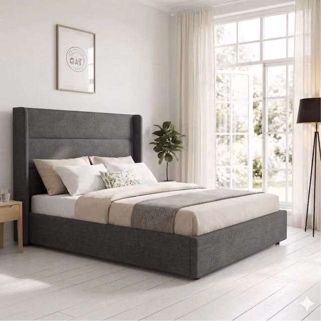 OAT Home Wilmslow Winged Upholstered Ottoman Storage Bed in Grey, 140 x 200 cm