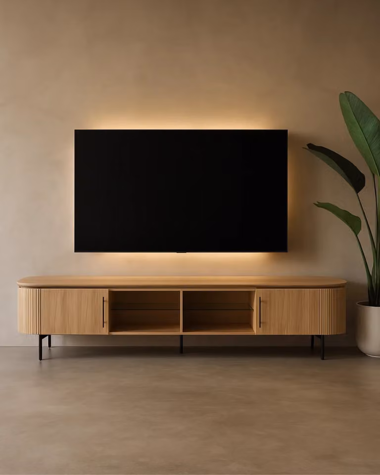 Tommy Franks Lantine Modern TV Unit in Ash Oak and Black with Glass and Metal Details, W/D/H: 200 x 52 x 42 cm