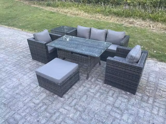 Fimous 6 Seater PE Wicker Rattan Garden Furniture Set with Rectangular Dining Table, Side Table and Stools in Dark Grey