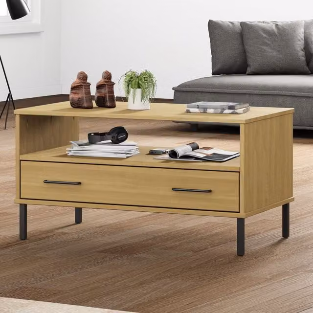 Berkfield Home Oslo Solid Wood Coffee Table in Brown with Metal Legs, W: 85 cm, D: 50 cm, H: 45 cm – 1