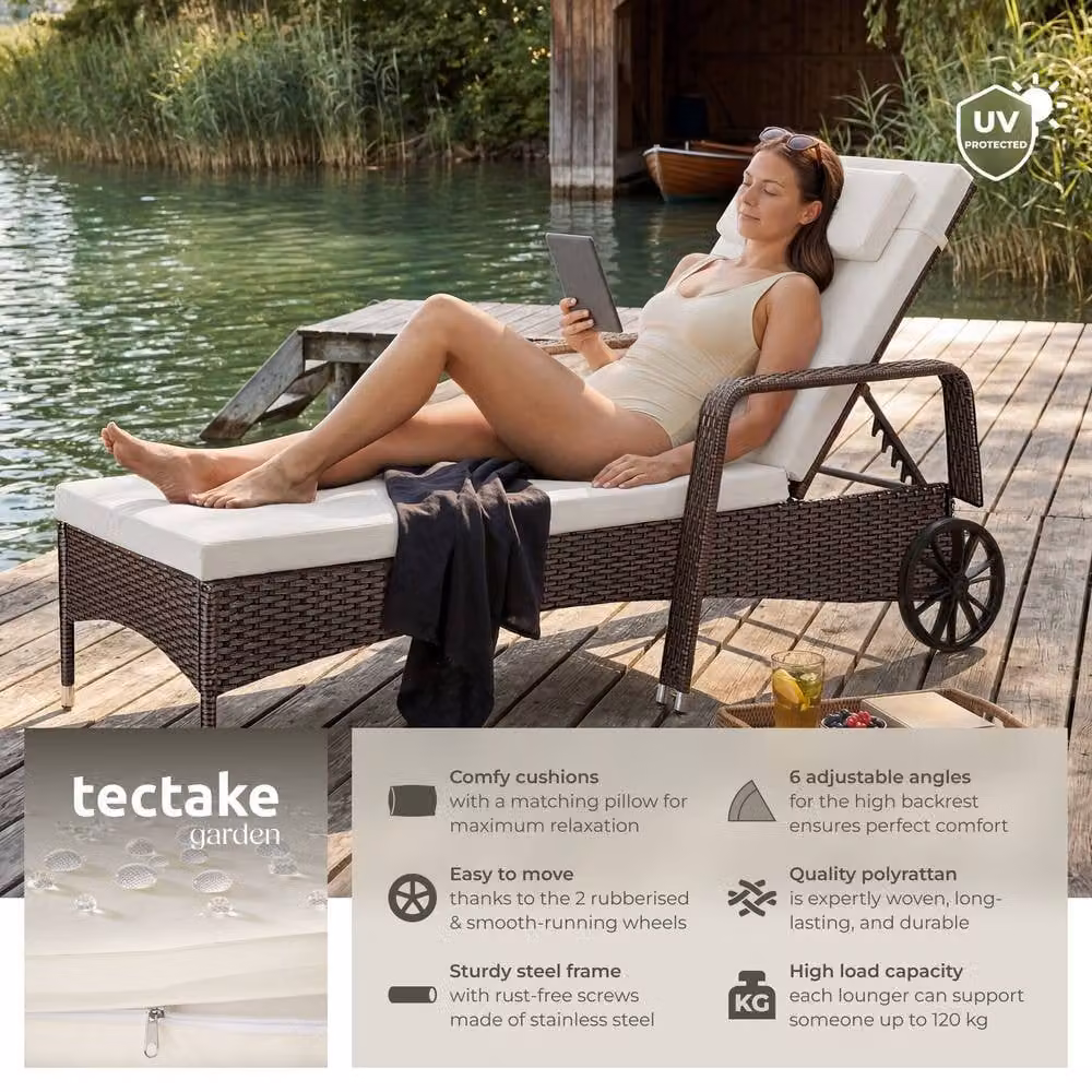 tectake Caspian 1 Seater Sun Lounger with Multicolour Weatherproof Cushions and Castors – 2