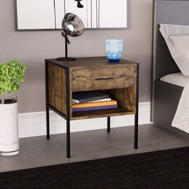 Vida Designs Brooklyn Industrial 1 Drawer Bedside Table in Grey