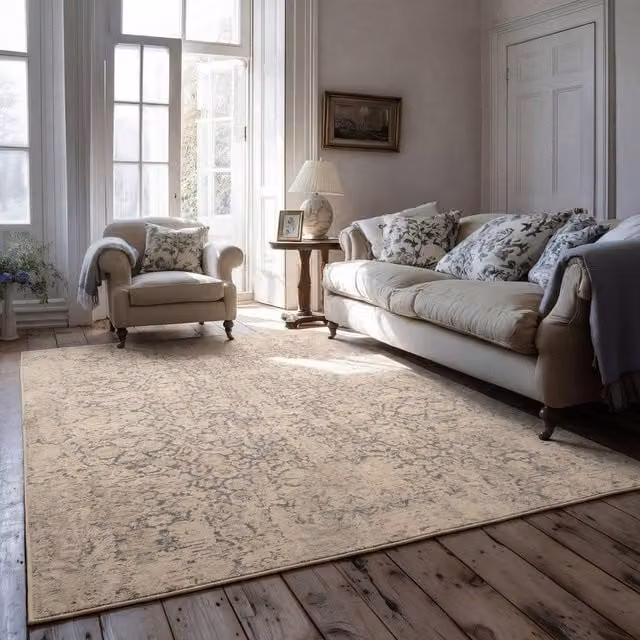Kukoon Floral Distressed Machine Washable Living Room Area Rug in Beige and Grey, W: 80 cm, L: 300 cm – 1