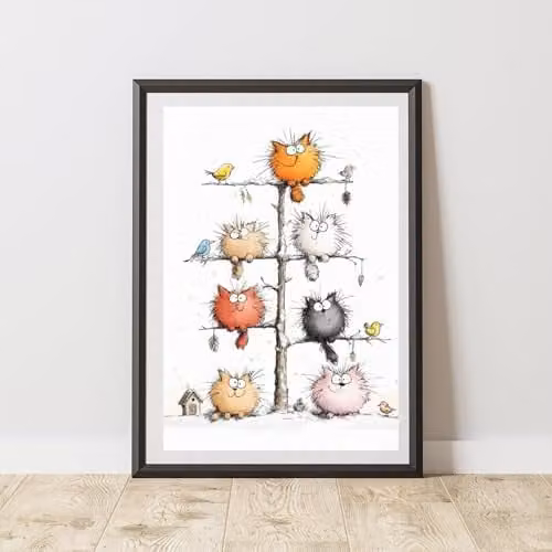 60 Second Makeover Cat and Birds on a Tree Print Poster, Black and Multicolour, A3