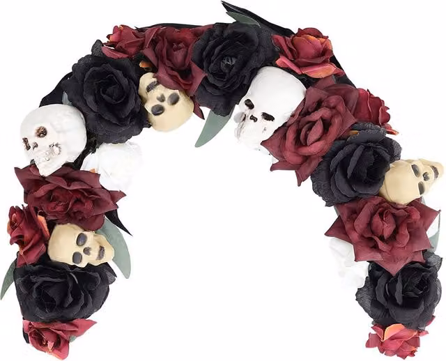 Living and Home Black Prelit Skull and Floral Halloween Arch Wreath Hanging Decoration