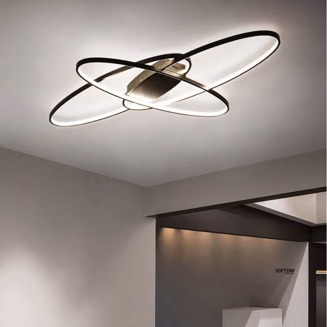 Livingandhome Modern Oval LED Semi Flush Ceiling Light in Black, 90 cm, 54W