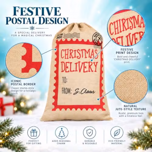 Shatchi Large Beige Jute Christmas Delivery Sack with Drawstring, W: 48 cm, H: 78 cm – 2