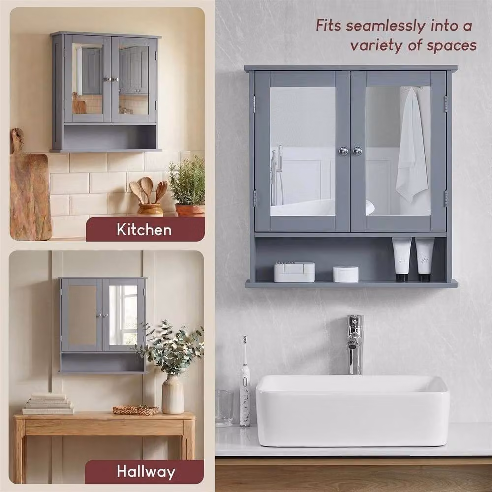 FORGEVIO Modern Grey Wall Mounted Bathroom Mirrored Storage Cabinet with Glass Doors and Internal Shelves – 3