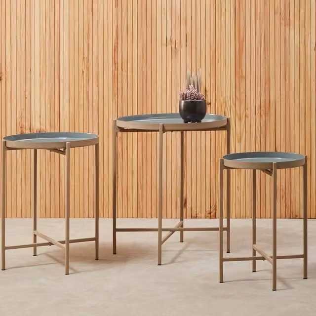 Orsina Set of 3 Modern Round Metal Side Tables in Grey and Gold