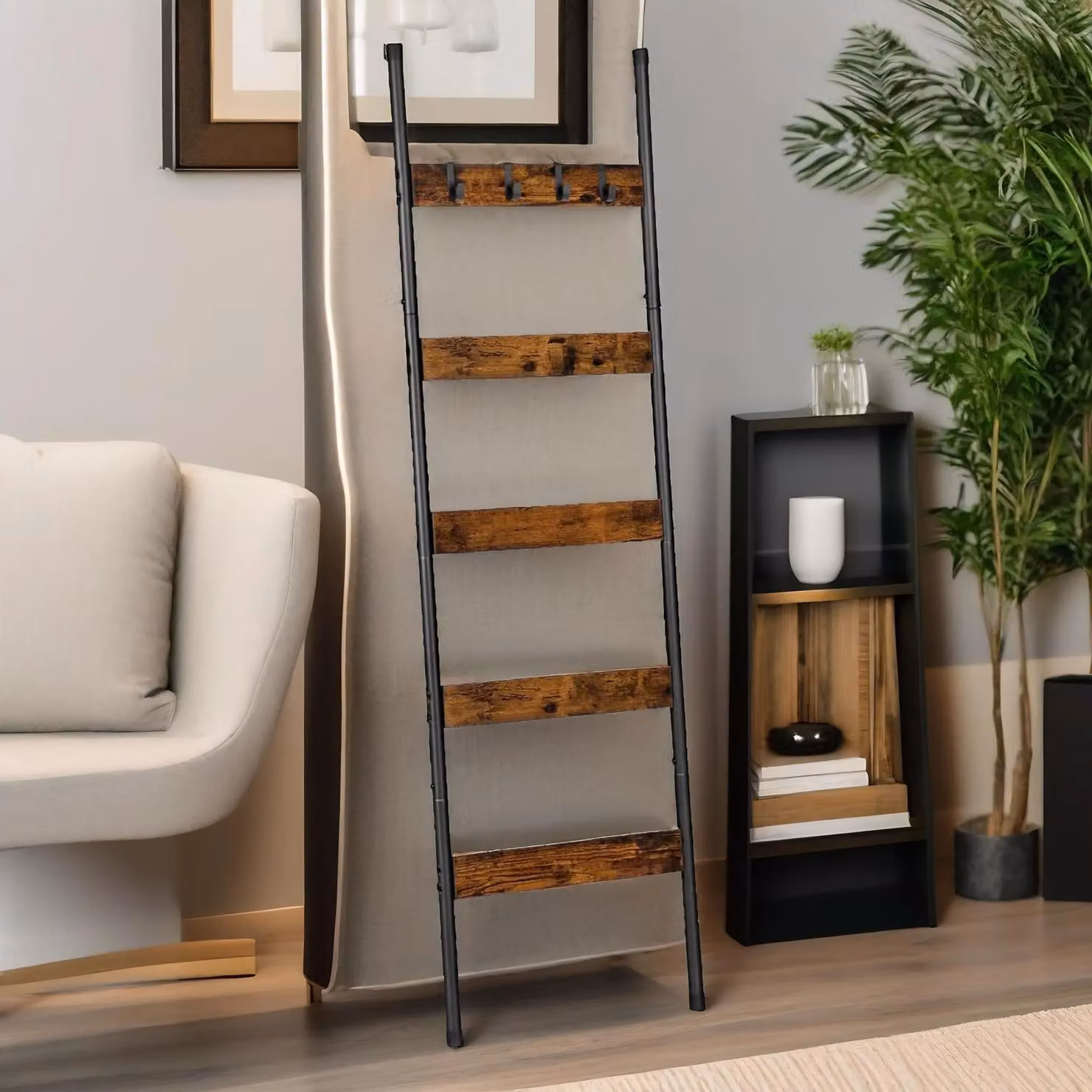 Rafaelo Mobilia Brown Vintage Ladder Shelf with Open Back Design – 2