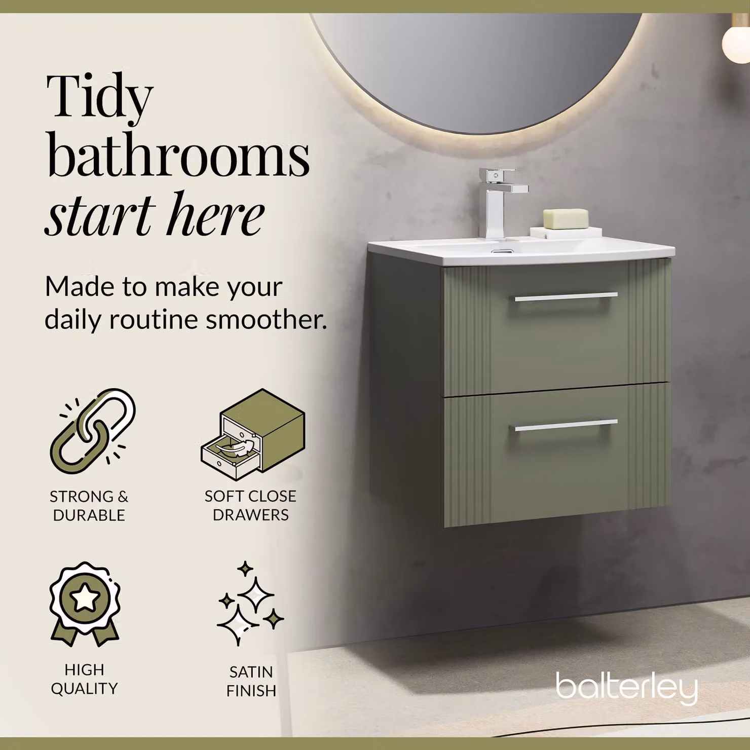 Balterley Wall Hung 2 Drawer Vanity Unit with Curved Vitreous China Basin, Satin Green – 3