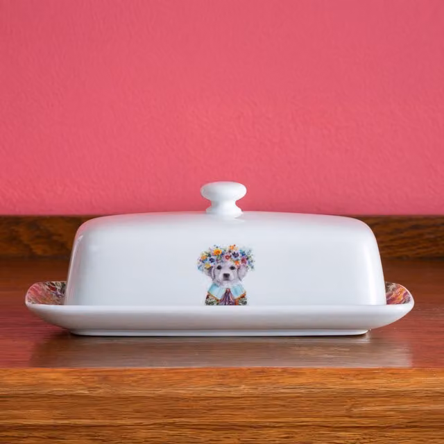 Mikasa Tipperleyhill Porcelain Butter Dish with Lid, Puppy Print, White, W: 21 cm, D: 11 cm, H: 7 cm