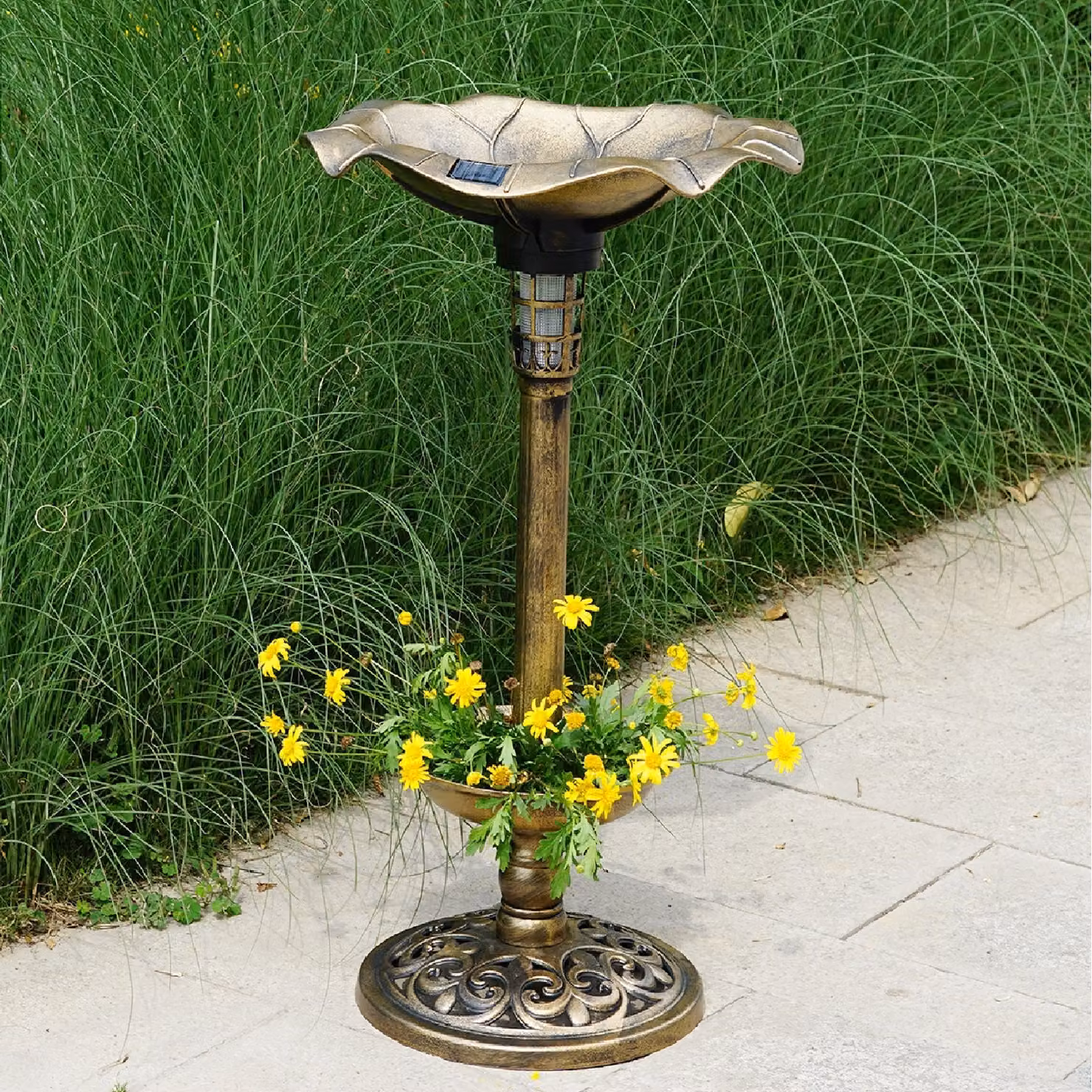 Gr8 Garden Bronze Effect Plastic Round Pedestal Bird Bath Feeder with Solar Light – 2