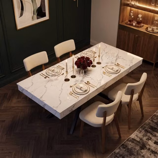 FENCHILIN Extendable Rectangular Marble Dining Table and 4 Mid-Back Upholstered Chairs Set in White
