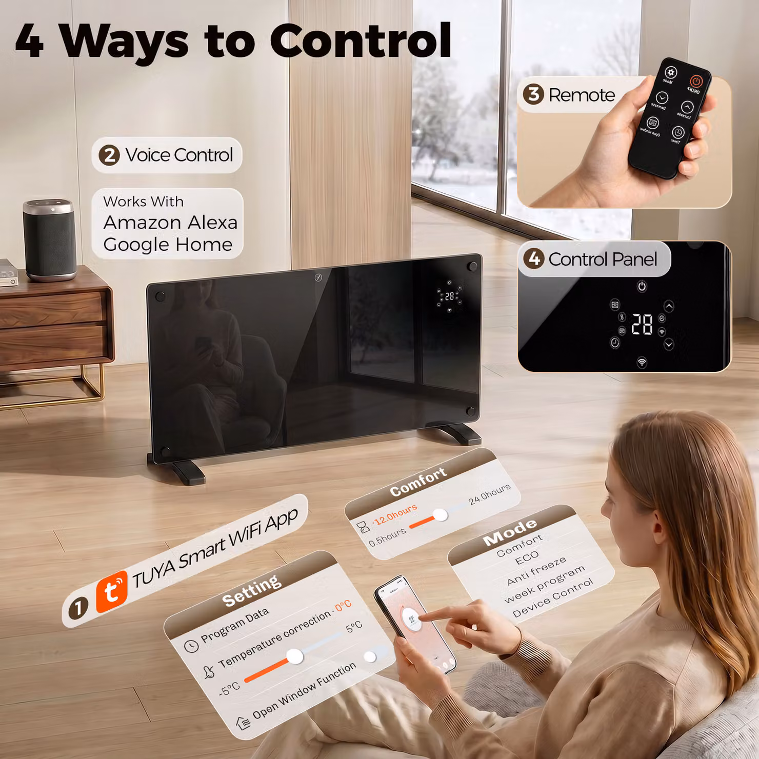 HOMCOM 1500W Smart Control Glass Heater with App and Remote Control, Black – 5